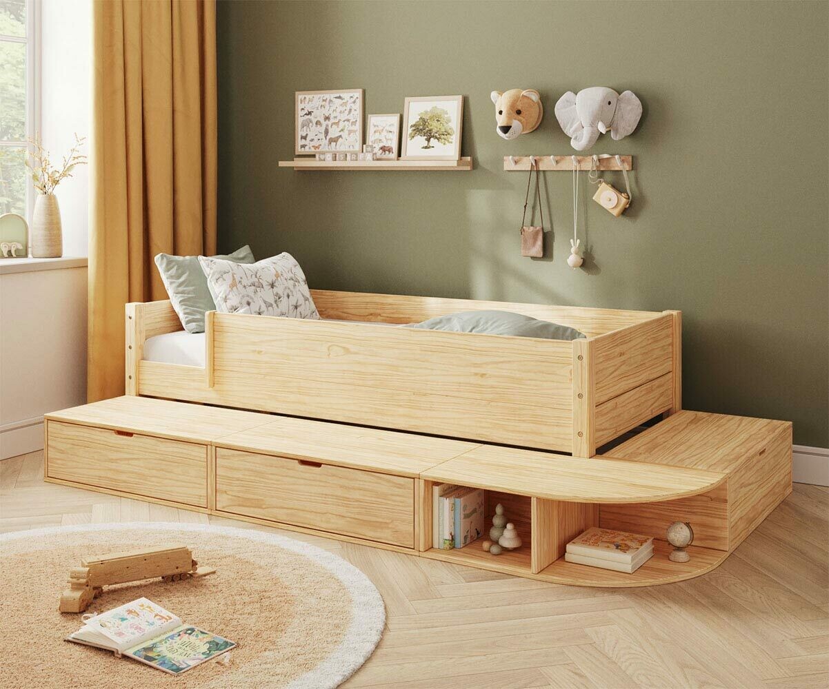 Lit enfant avec 2 barrières, estrade et matelas Combeebed Bois naturel 90x200 cm/Opt:Matelas Airfresh 15 cm