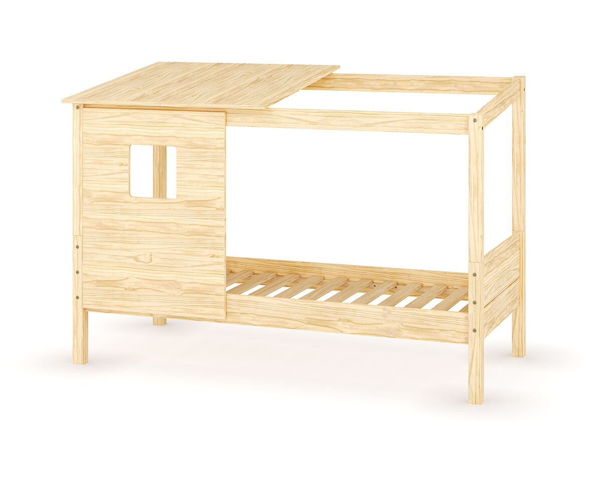 Lit cabane enfant Combeebed Bois naturel 90x200 cm Sans caches sommier Avec toit et porte