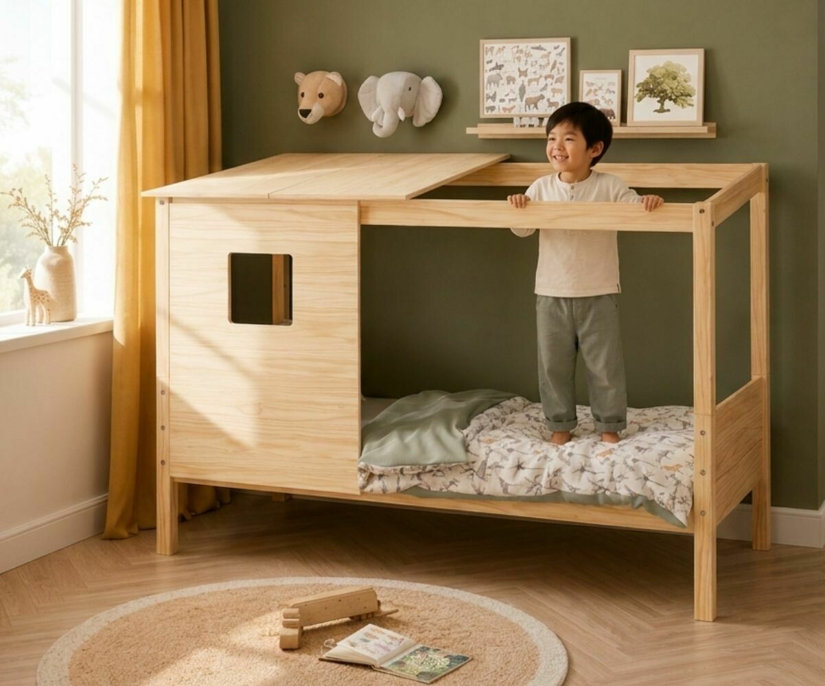 PROMO ! Lit cabane enfant Combeebed Bois naturel 90x200 cm Sans caches sommier Avec toit et porte