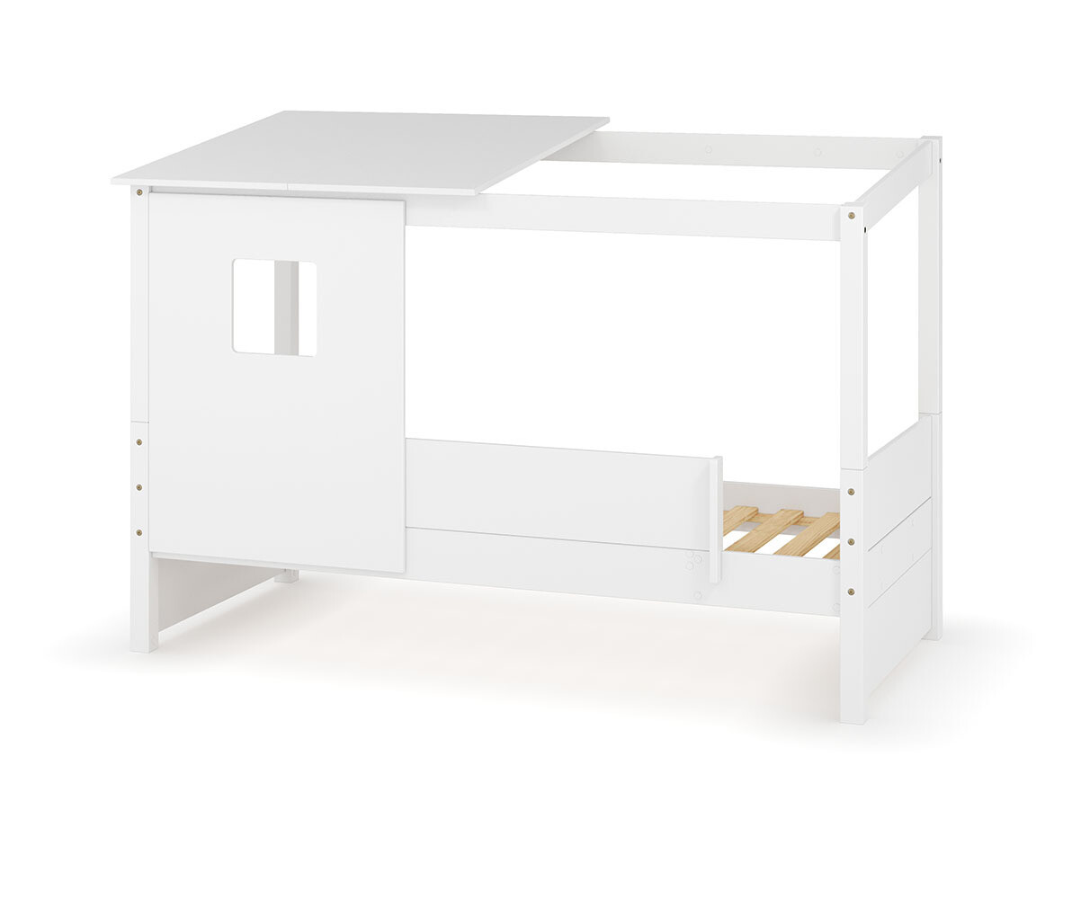 PROMO ! Lit cabane enfant avec barrière Combeebed Blanc 90x200 cm Avec caches sommier Avec toit et porte 1 barrière