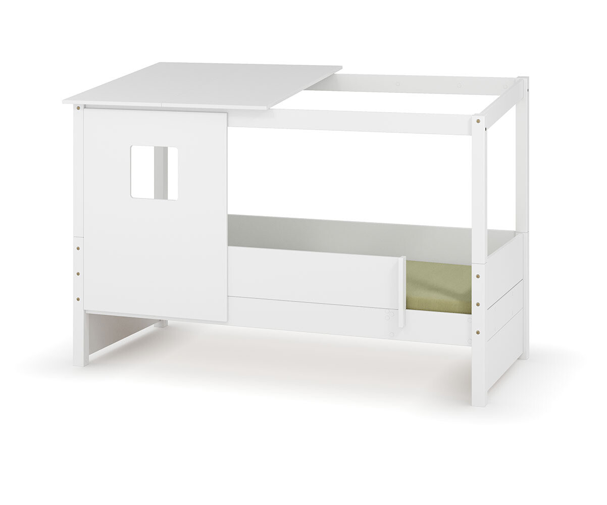 PROMO ! Lit cabane enfant avec barrière Combeebed Blanc 90x200 cm Avec caches sommier Avec toit et porte 2 barrières