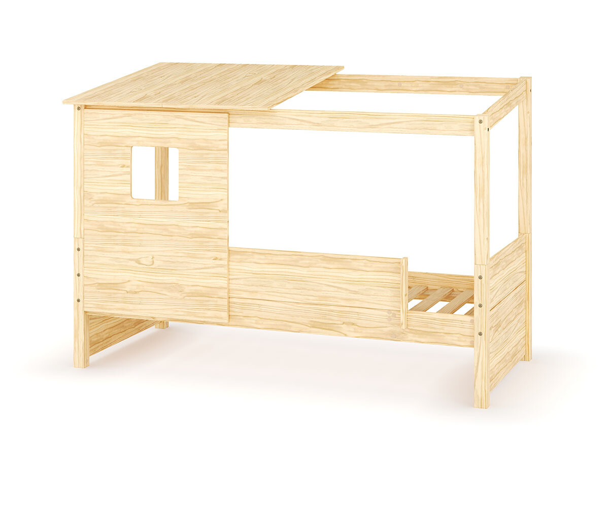 Lit cabane enfant avec barrière Combeebed Bois naturel 90x200 cm Avec caches sommier Avec toit et porte 1 barrière