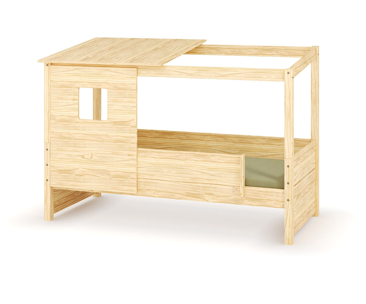 Lit cabane enfant avec barrière Combeebed Bois naturel 90x200 cm Avec caches sommier Avec toit et porte 2 barrières