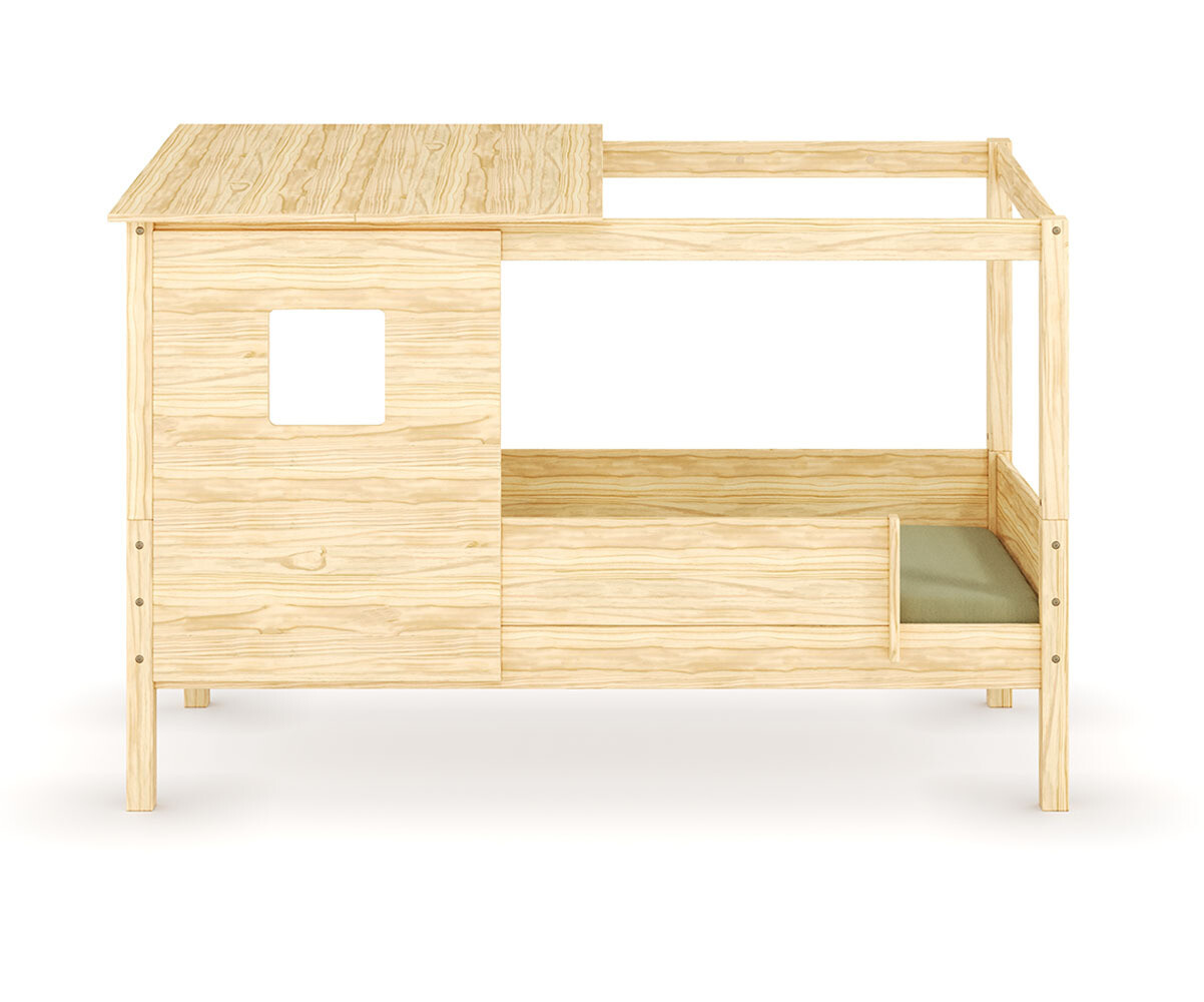Lit cabane enfant avec barrière Combeebed Bois naturel 90x200 cm Sans caches sommier Avec toit et porte 2 barrières