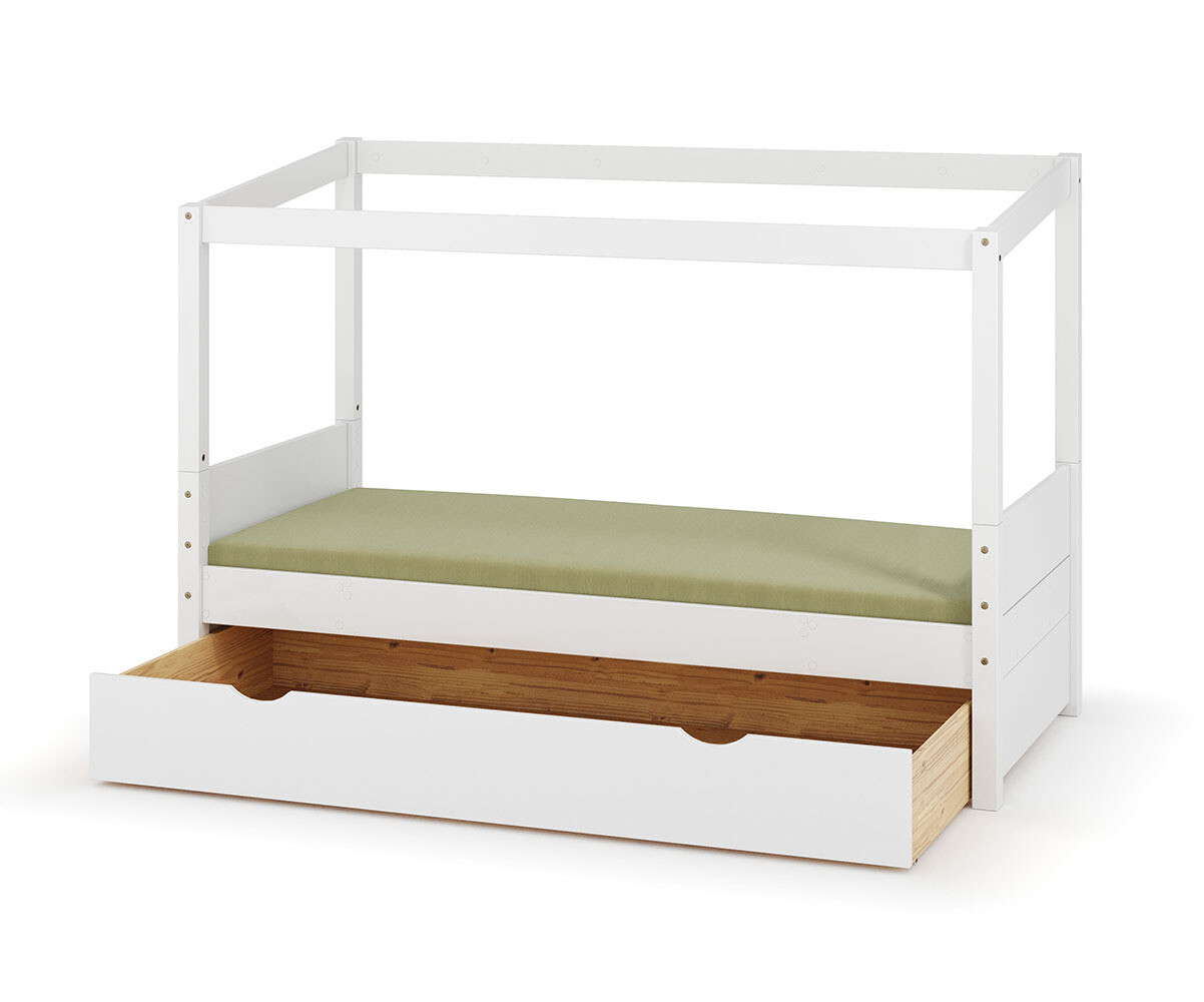 PROMO ! Lit cabane enfant avec tiroir Combeebed Blanc 90x200 cm Avec caches sommier Sans toit et porte Sans barrière