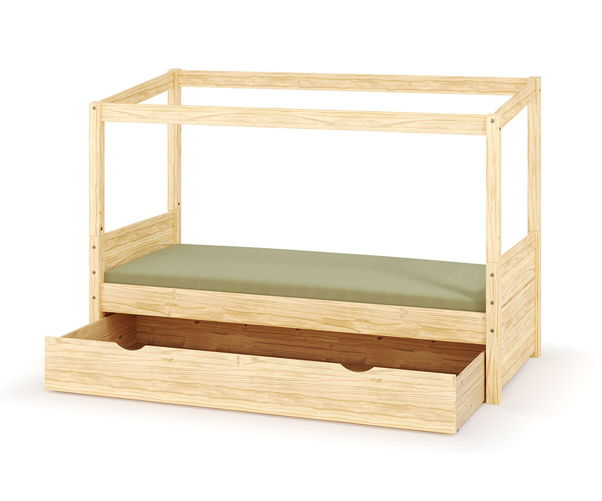 Lit cabane enfant avec tiroir Combeebed Bois naturel 90x200 cm Avec caches sommier Sans toit et porte Sans barrière