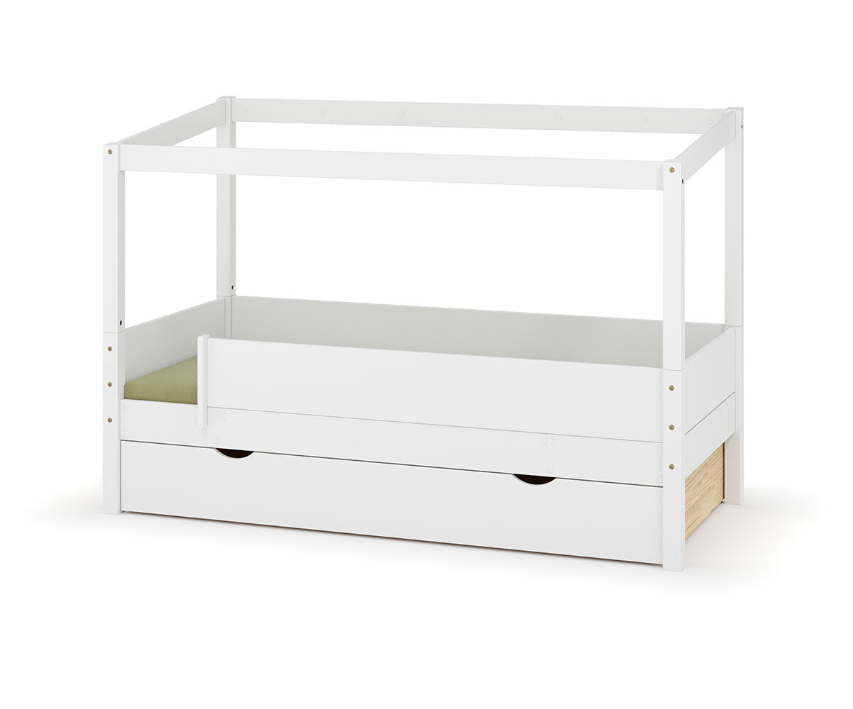 PROMO ! Lit cabane enfant avec tiroir Combeebed Blanc 90x200 cm Sans caches sommier Sans toit et porte 2 barrières