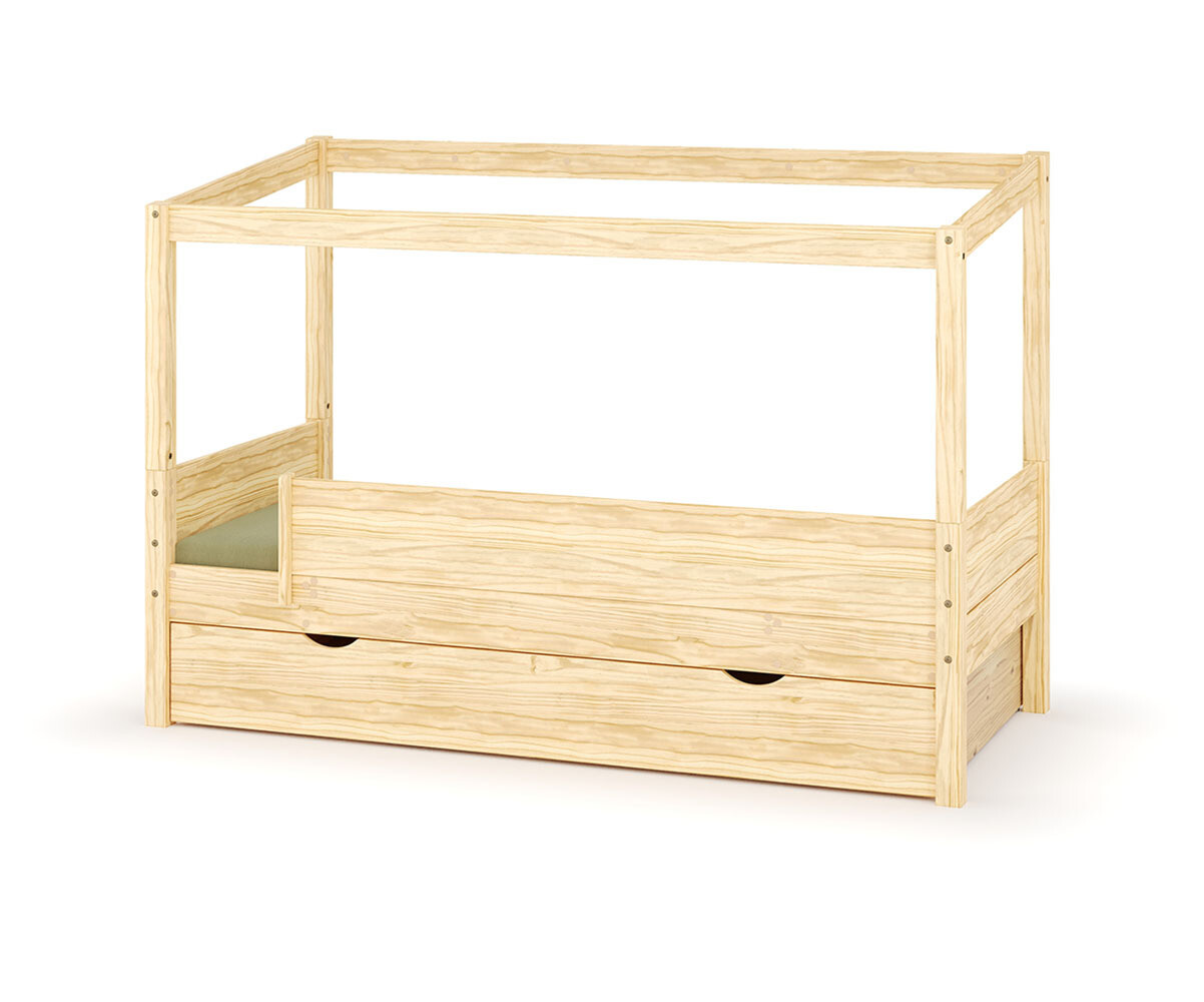 Lit cabane enfant avec tiroir Combeebed Bois naturel 90x200 cm Sans caches sommier Sans toit et porte 1 barrière