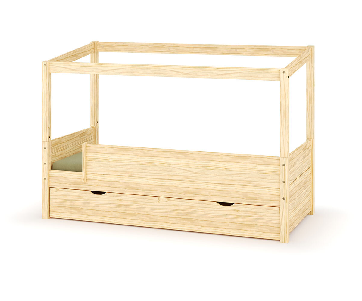 Lit cabane enfant avec tiroir Combeebed Bois naturel 90x200 cm Avec caches sommier Sans toit et porte 1 barrière