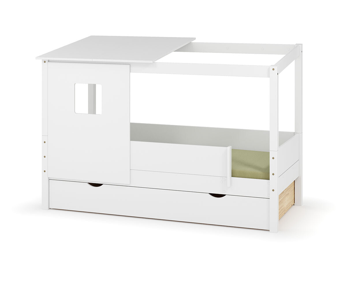 PROMO ! Lit cabane enfant avec tiroir Combeebed Blanc 90x200 cm Sans caches sommier Avec toit et porte 2 barrières