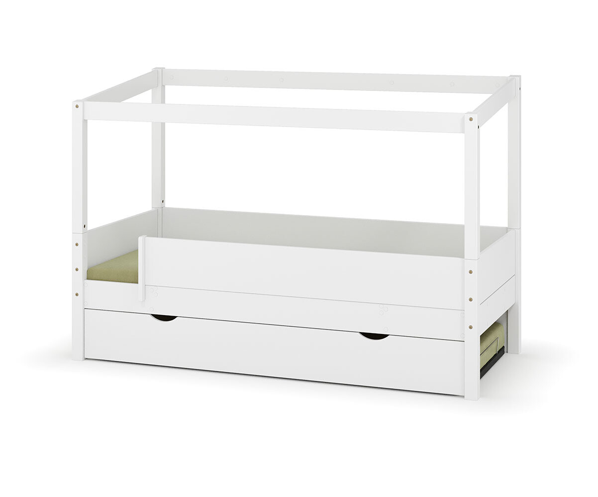 PROMO ! Lit cabane gigogne enfant Combeebed Blanc 90x200 cm Sans caches sommier Sans toit et porte 2 barrières