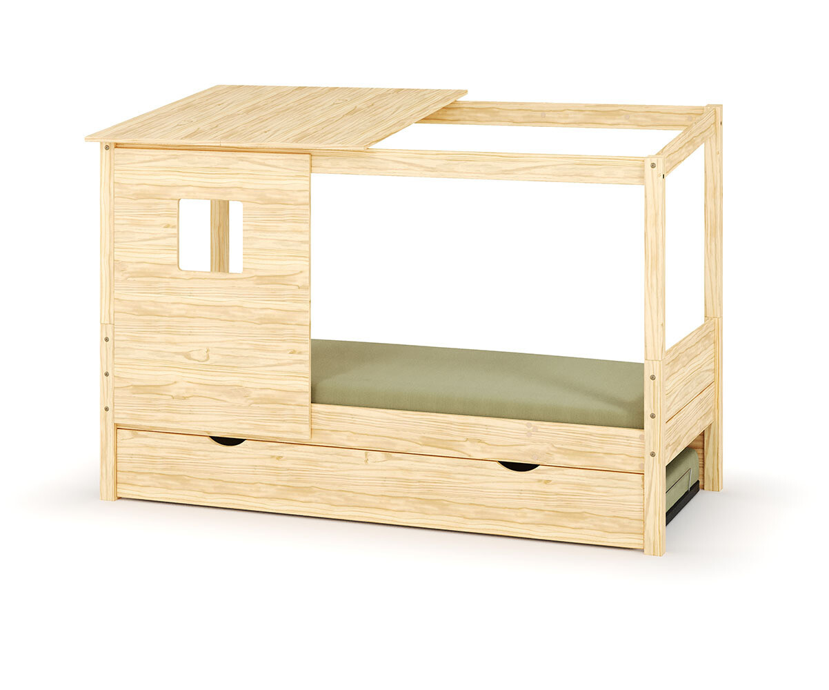 Lit cabane gigogne enfant Combeebed Bois naturel 90x200 cm Sans caches sommier Avec toit et porte Sans barrière