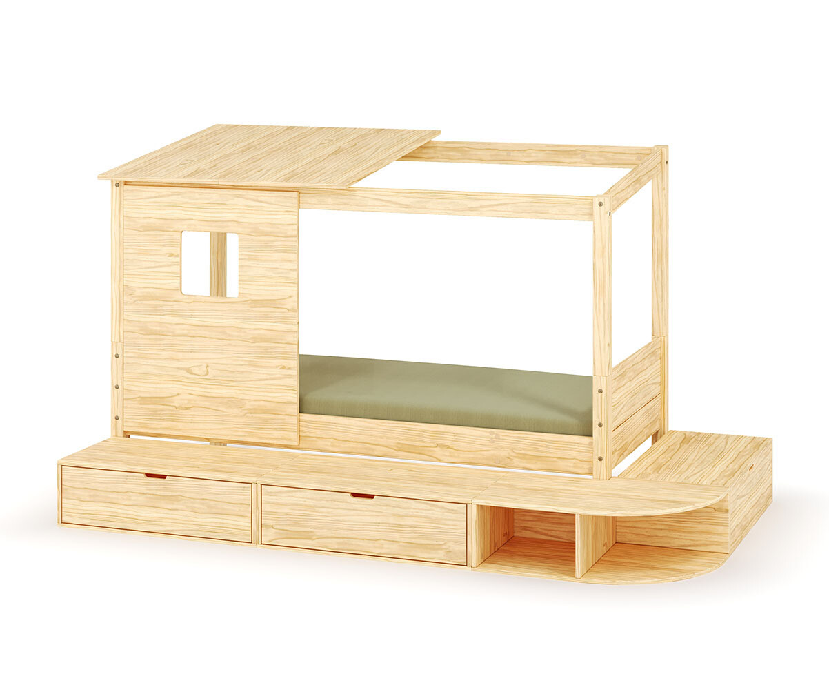 Lit cabane enfant avec estrade Combeebed Bois naturel 90x200 cm Avec toit et porte Sans barrière