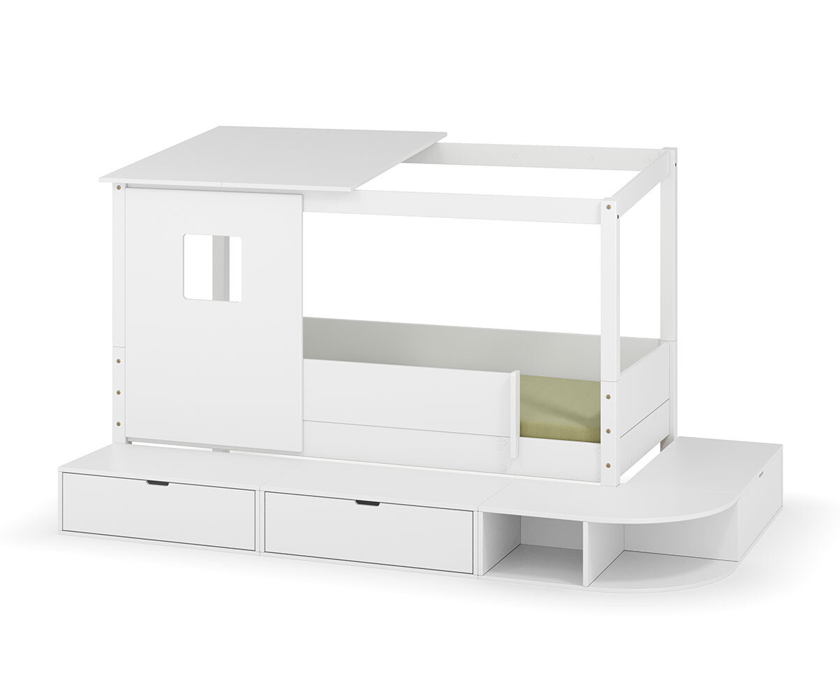 PROMO ! Lit cabane enfant avec estrade Combeebed Blanc 90x200 cm Avec toit et porte 2 barrières