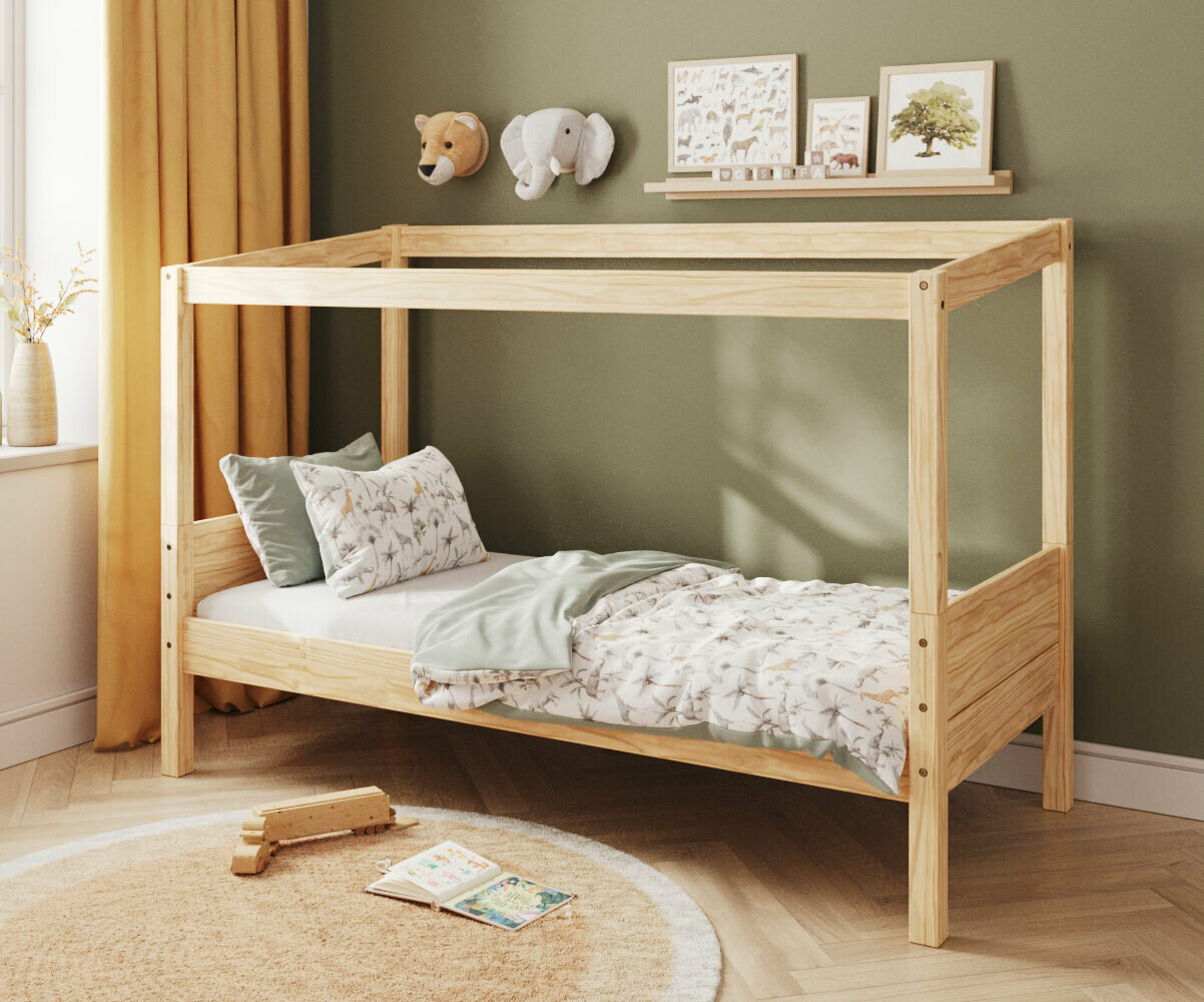 Lit cabane enfant avec matelas Combeebed Bois naturel 90x200 cm Sans caches sommier Sans toit et porte Matelas Airfresh 15 cm