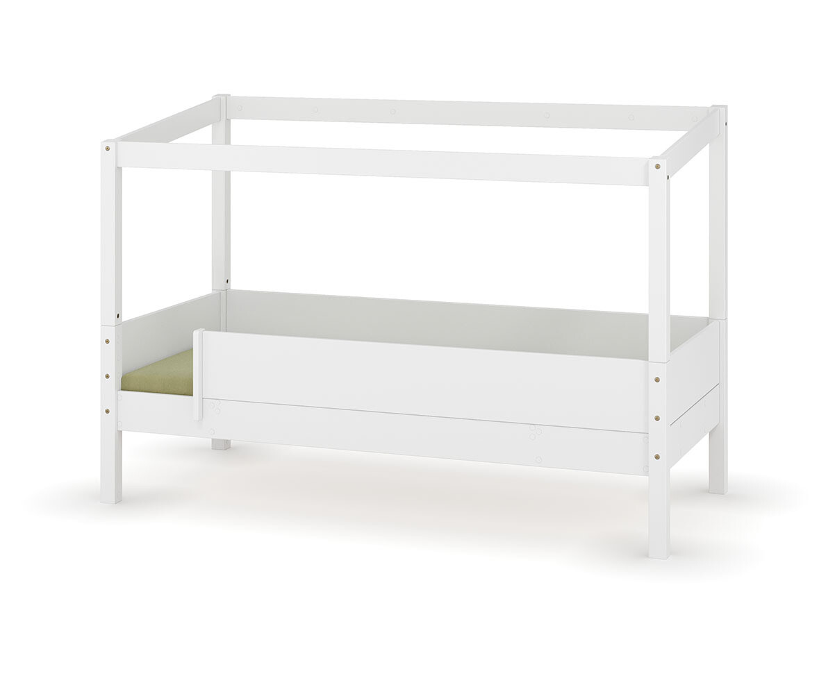 PROMO ! Lit cabane enfant avec barrière et matelas Combeebed Blanc 90x200 cm Avec caches sommier Sans toit et porte 2 barrières Matelas Norway 13 c