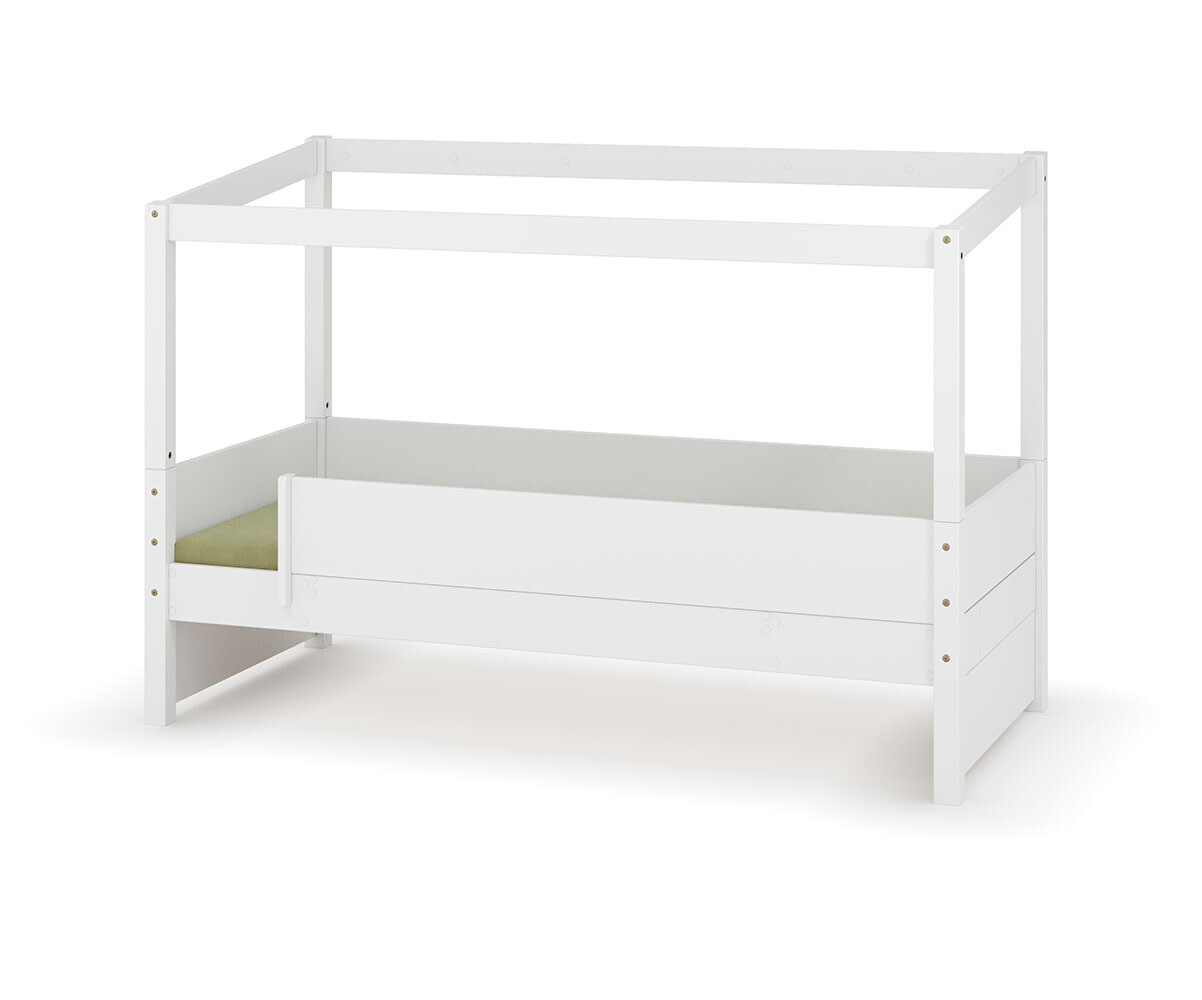 PROMO ! Lit cabane enfant avec barrière et matelas Combeebed Blanc 90x200 cm Avec caches sommier Sans toit et porte 2 barrières Matelas Airfresh 15