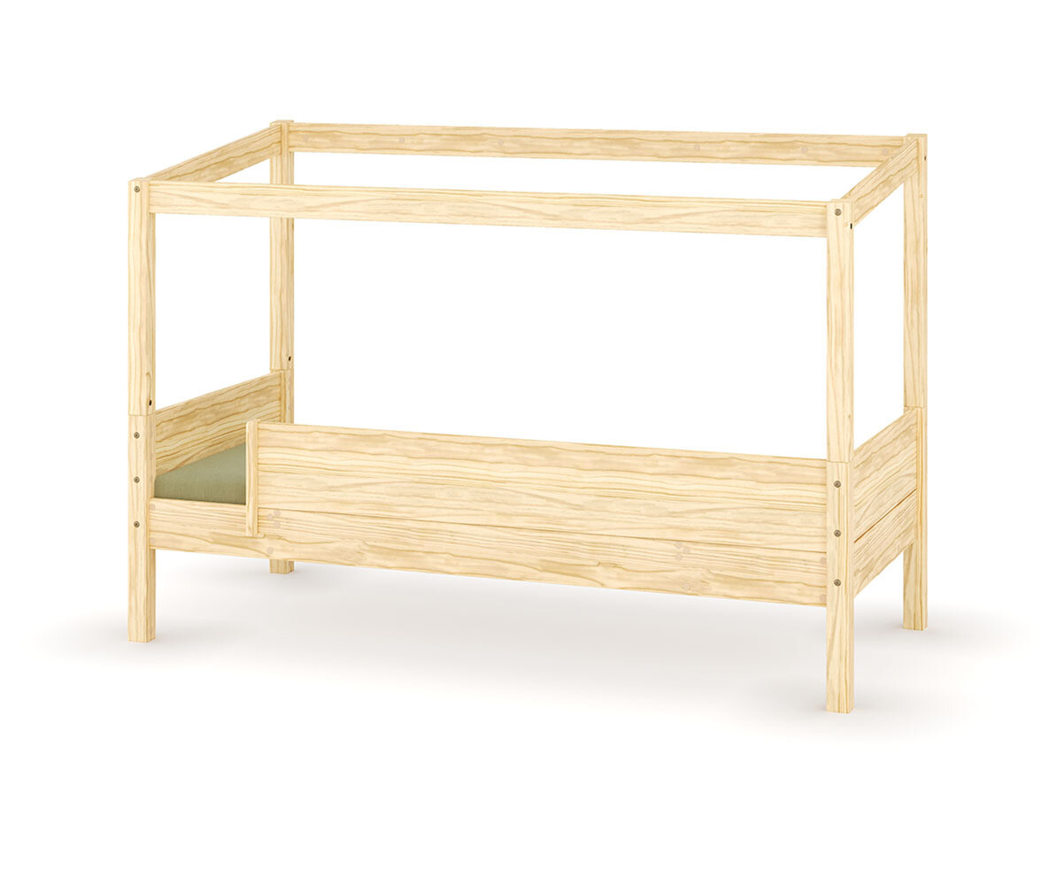 Lit cabane enfant avec barrière et matelas Combeebed Bois naturel 90x200 cm Sans caches sommier Sans toit et porte 1 barrière Matelas Airfresh 15 cm