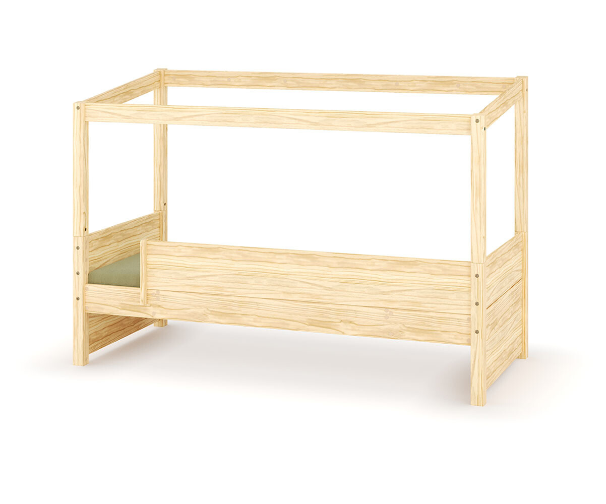 PROMO ! Lit cabane enfant avec barrière et matelas Combeebed Bois naturel 90x200 cm Avec caches sommier Sans toit et porte 1 barrière Matelas Airfr