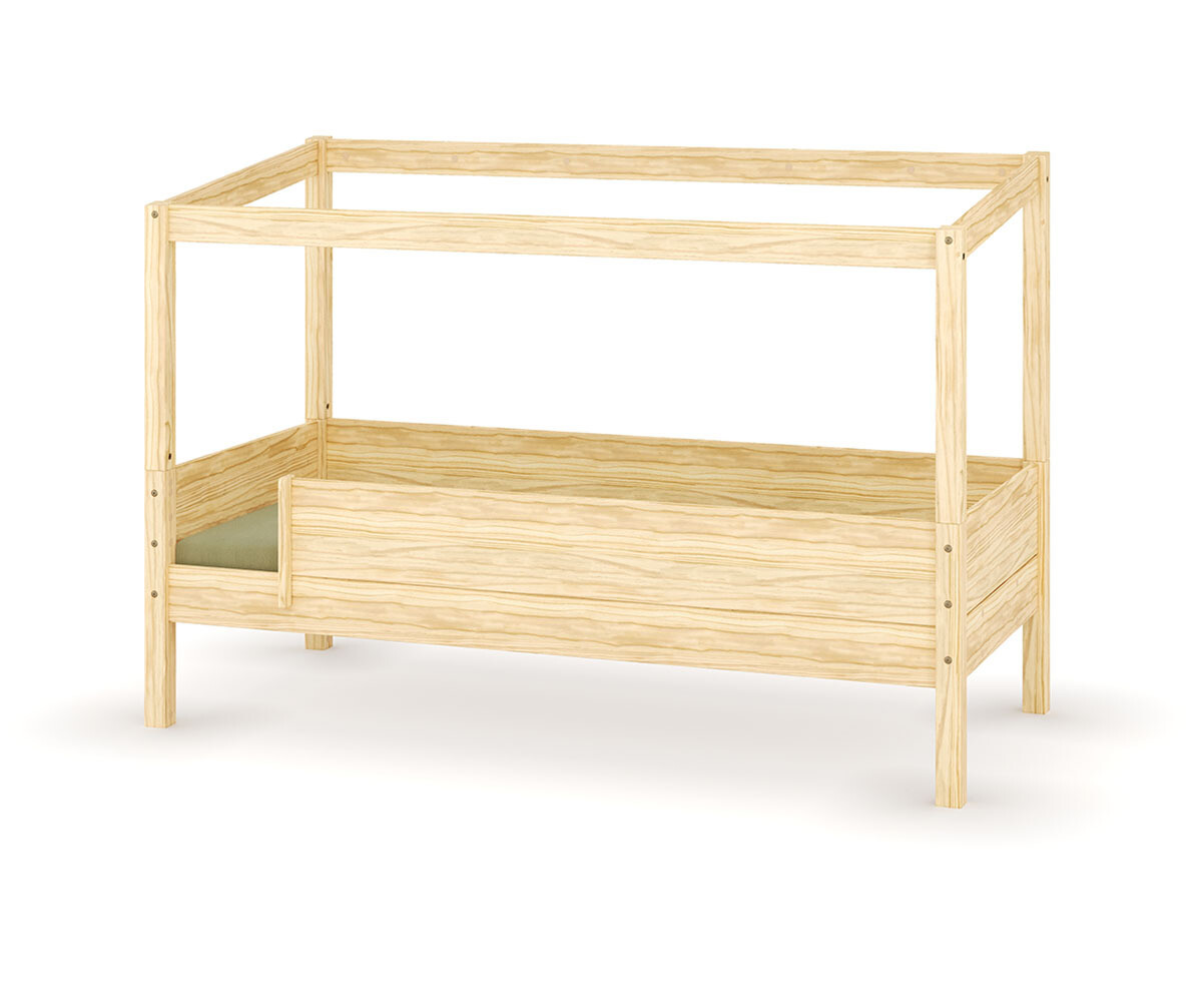 Lit cabane enfant avec barrière et matelas Combeebed Bois naturel 90x200 cm Sans caches sommier Sans toit et porte 2 barrières Matelas Airfresh 15 cm