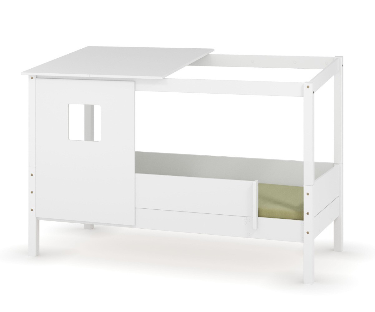 PROMO ! Lit cabane enfant avec barrière et matelas Combeebed Blanc 90x200 cm Sans caches sommier Avec toit et porte 2 barrières Matelas Airfresh 15