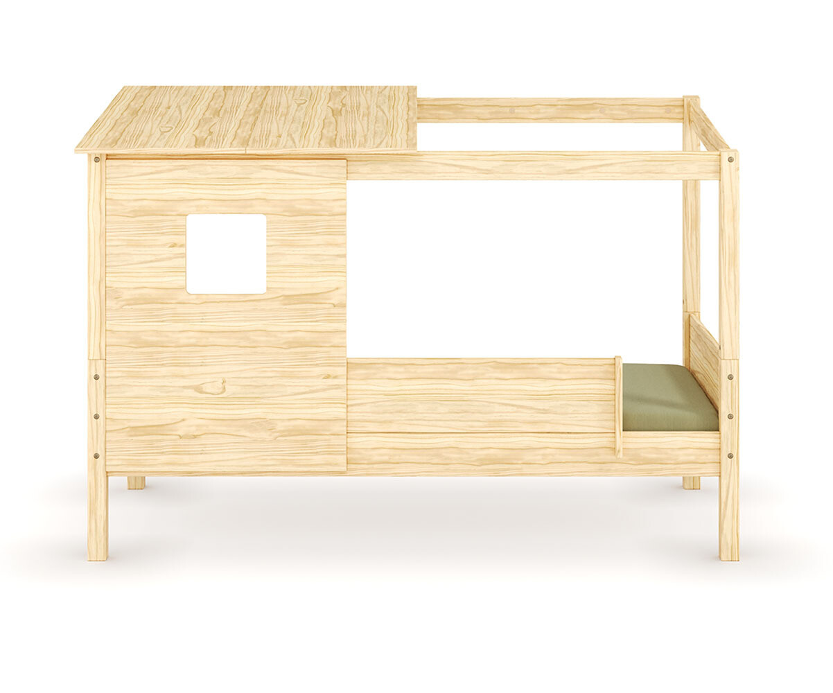 Lit cabane enfant avec barrière et matelas Combeebed Bois naturel 90x200 cm Sans caches sommier Avec toit et porte 1 barrière Matelas Airfresh 15 cm