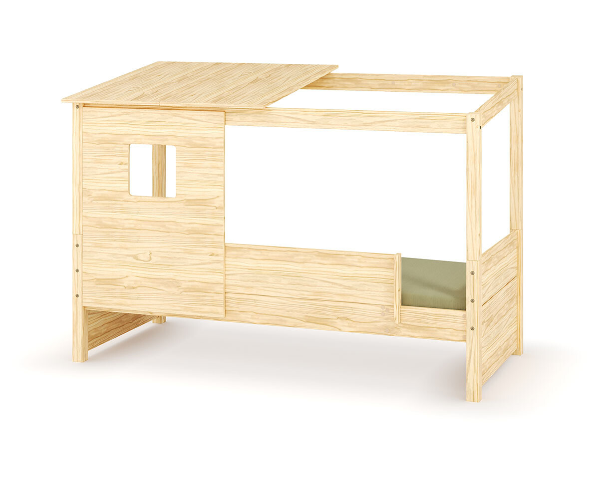 Lit cabane enfant avec barrière et matelas Combeebed Bois naturel 90x200 cm Avec caches sommier Avec toit et porte 1 barrière Matelas Airfresh 15 cm