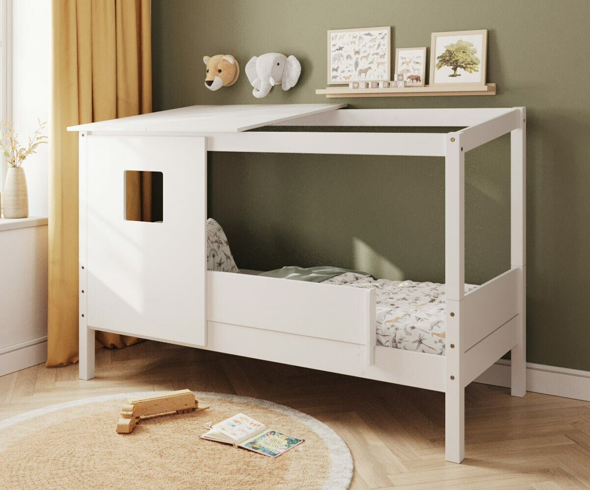 PROMO ! Lit cabane enfant avec barrière et matelas Combeebed Blanc 90x200 cm Sans caches sommier Avec toit et porte 1 barrière Matelas Norway 13 cm