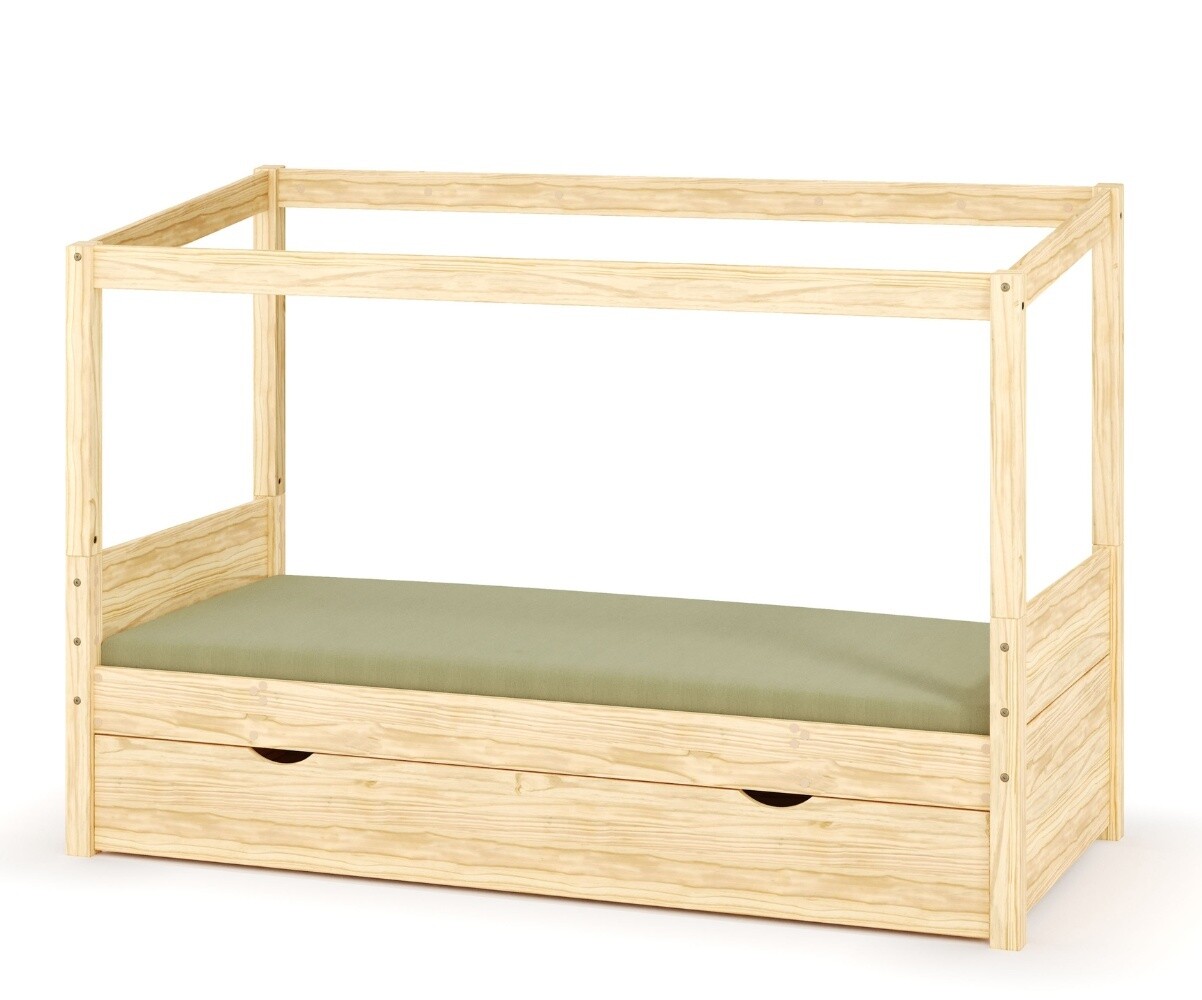 Lit cabane enfant avec tiroir et matelas Combeebed Bois naturel 90x200 cm Avec caches sommier Sans toit et porte Sans barrière Matelas Airfresh 15 cm