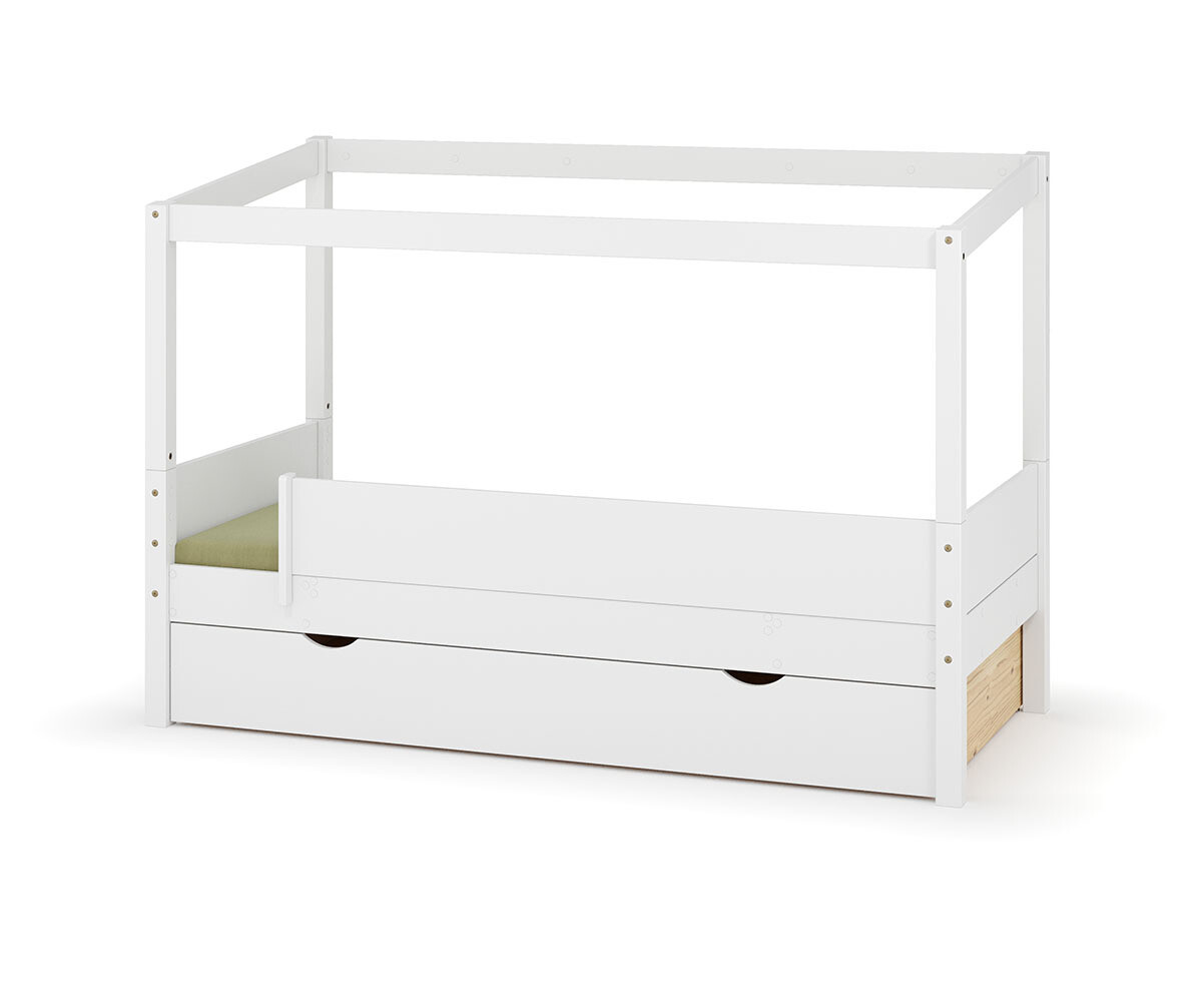 PROMO ! Lit cabane enfant avec tiroir et matelas Combeebed Blanc 90x200 cm Sans caches sommier Sans toit et porte 1 barrière Matelas Airfresh 15 cm