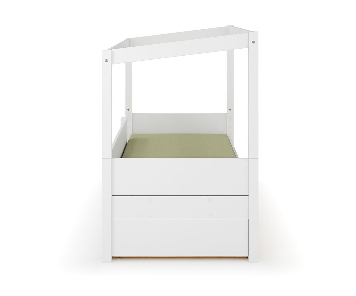 PROMO ! Lit cabane enfant avec tiroir et matelas Combeebed Blanc 90x200 cm Avec caches sommier Sans toit et porte 1 barrière Matelas Norway 13 cm