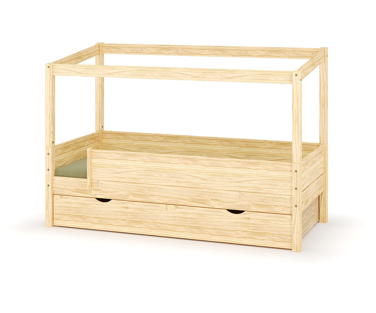 Lit cabane enfant avec tiroir et matelas Combeebed Bois naturel 90x200 cm Sans caches sommier Sans toit et porte 2 barrières Matelas Airfresh 15 cm