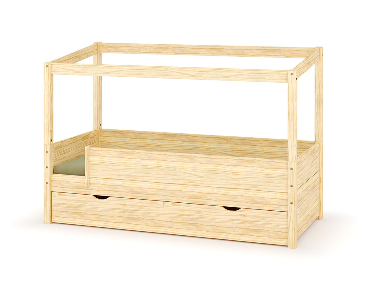 Lit cabane enfant avec tiroir et matelas Combeebed Bois naturel 90x200 cm Avec caches sommier Sans toit et porte 2 barrières Matelas Airfresh 15 cm