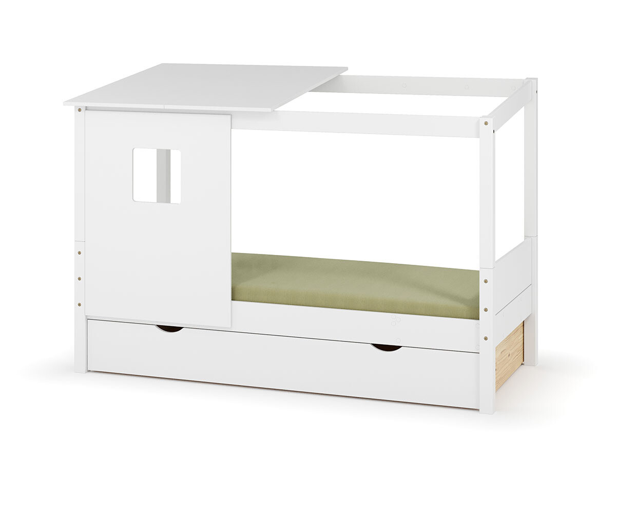 PROMO ! Lit cabane enfant avec tiroir et matelas Combeebed Blanc 90x200 cm Sans caches sommier Avec toit et porte Sans barrière Matelas Norway 13 c