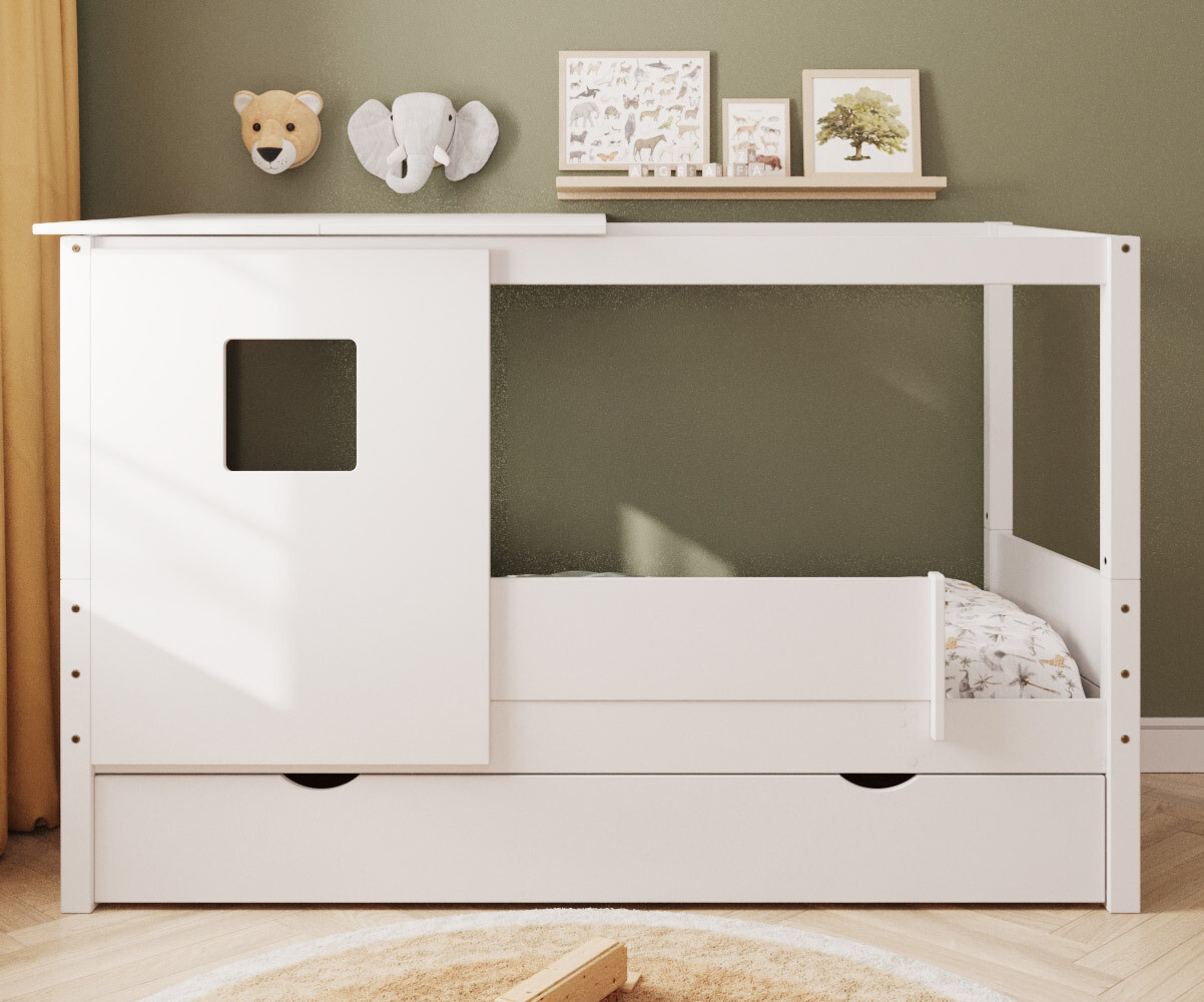 PROMO ! Lit cabane enfant avec tiroir et matelas Combeebed Blanc 90x200 cm Sans caches sommier Avec toit et porte 1 barrière Matelas Airfresh 15 cm