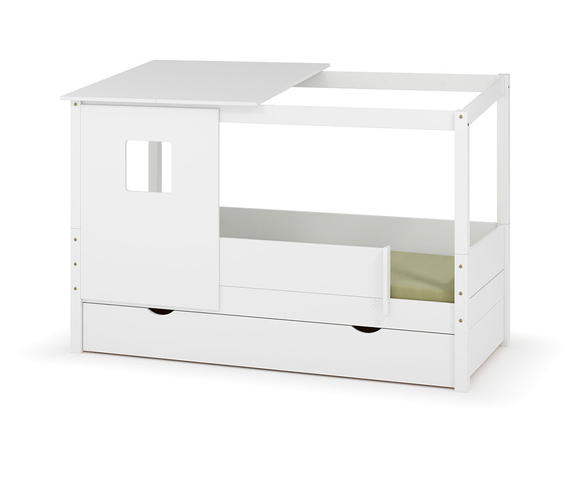 PROMO ! Lit cabane enfant avec tiroir et matelas Combeebed Blanc 90x200 cm Avec caches sommier Avec toit et porte 2 barrières Matelas Norway 13 cm