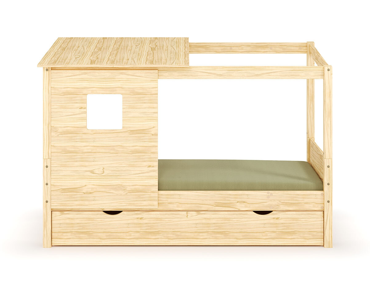 Lit cabane enfant avec tiroir et matelas Combeebed Bois naturel 90x200 cm Avec caches sommier Avec toit et porte Sans barrière Matelas Airfresh 15 cm