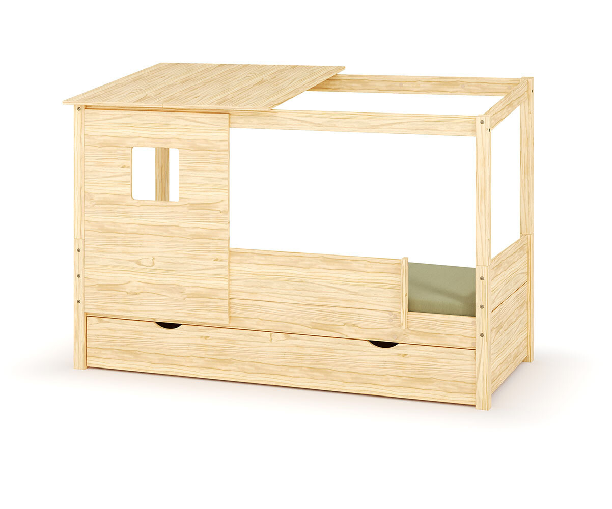 PROMO ! Lit cabane enfant avec tiroir et matelas Combeebed Bois naturel 90x200 cm Avec caches sommier Avec toit et porte 1 barrière Matelas Norway