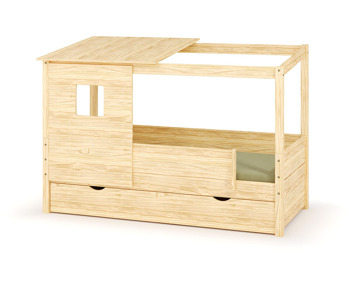 Lit cabane enfant avec tiroir et matelas Combeebed Bois naturel 90x200 cm Avec caches sommier Avec toit et porte 2 barrières Matelas Airfresh 15 cm