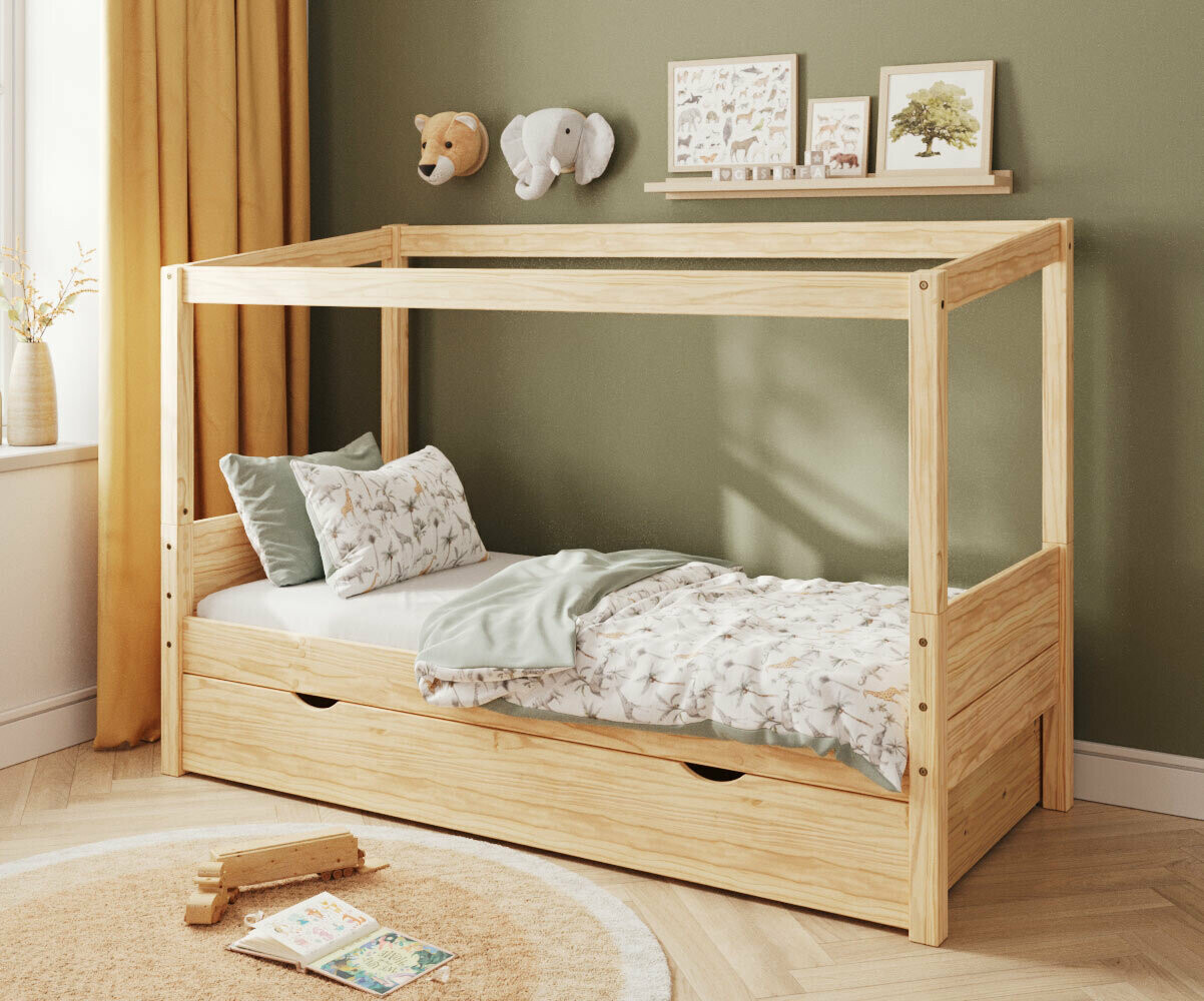 Lit cabane enfant avec tiroir et matelas Combeebed Bois naturel 90x200 cm Sans caches sommier Sans toit et porte Sans barrière Matelas Airfresh 15 cm