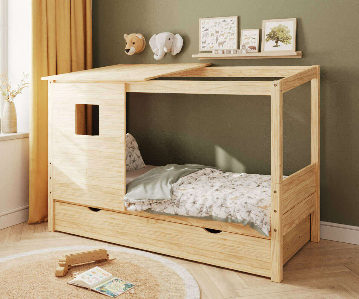 Lit cabane enfant avec tiroir et matelas Combeebed Bois naturel 90x200 cm Sans caches sommier Avec toit et porte Sans barrière Matelas Airfresh 15 cm