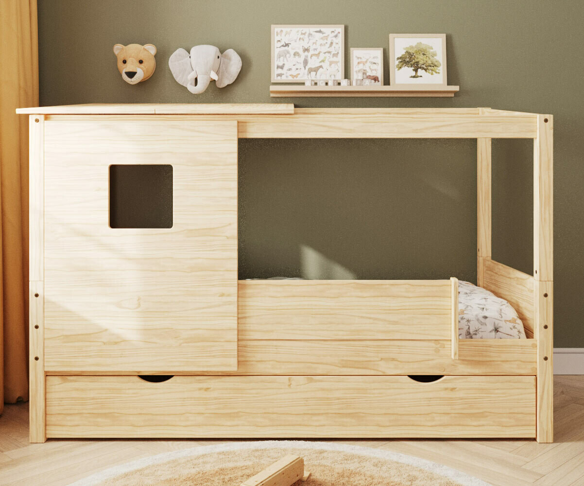 Lit cabane enfant avec tiroir et matelas Combeebed Bois naturel 90x200 cm Avec caches sommier Avec toit et porte 1 barrière Matelas Airfresh 15 cm