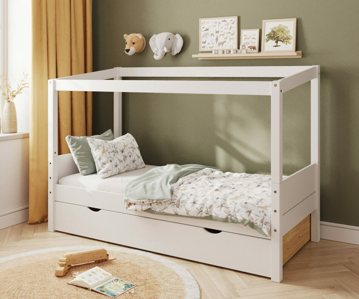 PROMO ! Lit cabane enfant avec tiroir et matelas Combeebed Blanc 90x200 cm Sans caches sommier Sans toit et porte Sans barrière Matelas Airfresh 15