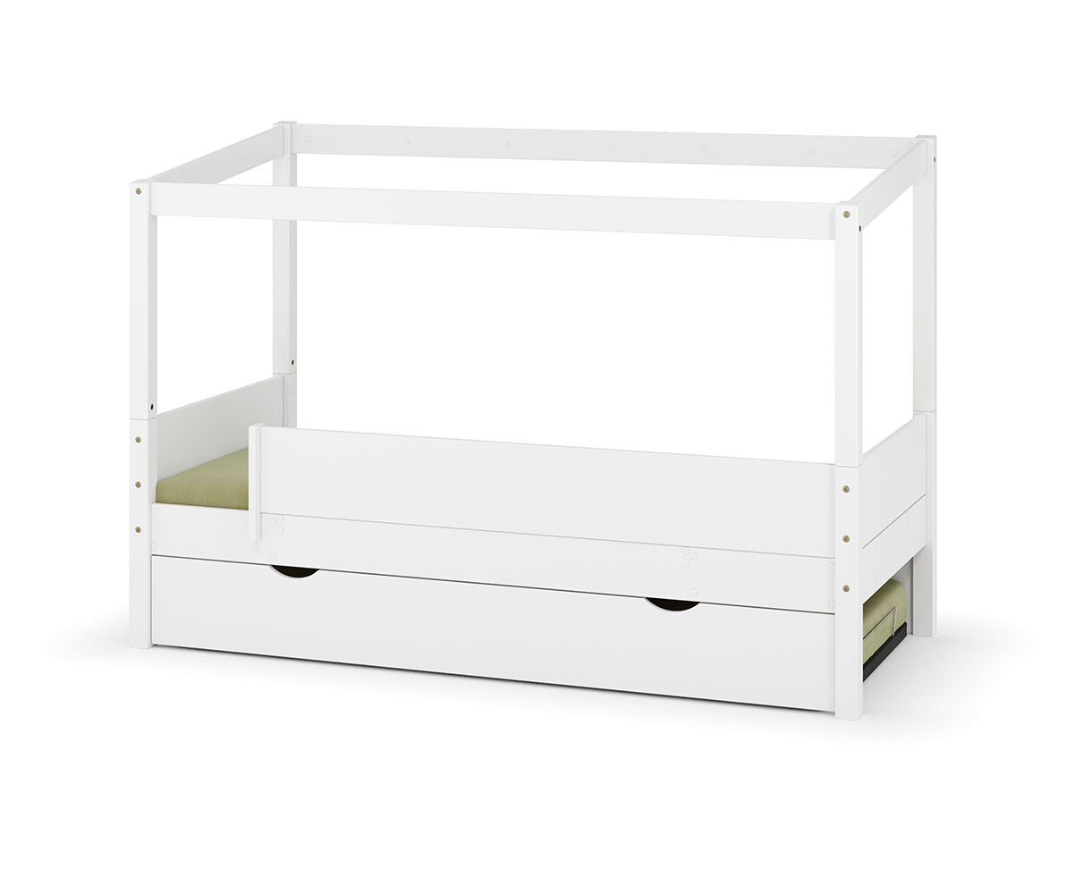 PROMO ! Lit cabane gigogne enfant et matelas Combeebed Blanc 90x200 cm Sans caches sommier Sans toit et porte 1 barrière Matelas Airfresh 15 cm