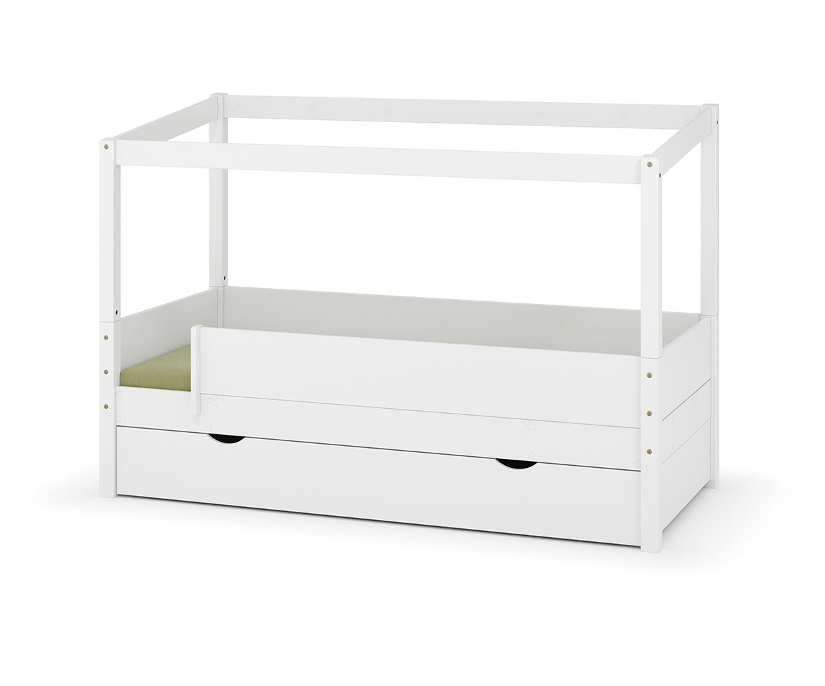 PROMO ! Lit cabane gigogne enfant et matelas Combeebed Blanc 90x200 cm Avec caches sommier Sans toit et porte 2 barrières Matelas Airfresh 15 cm