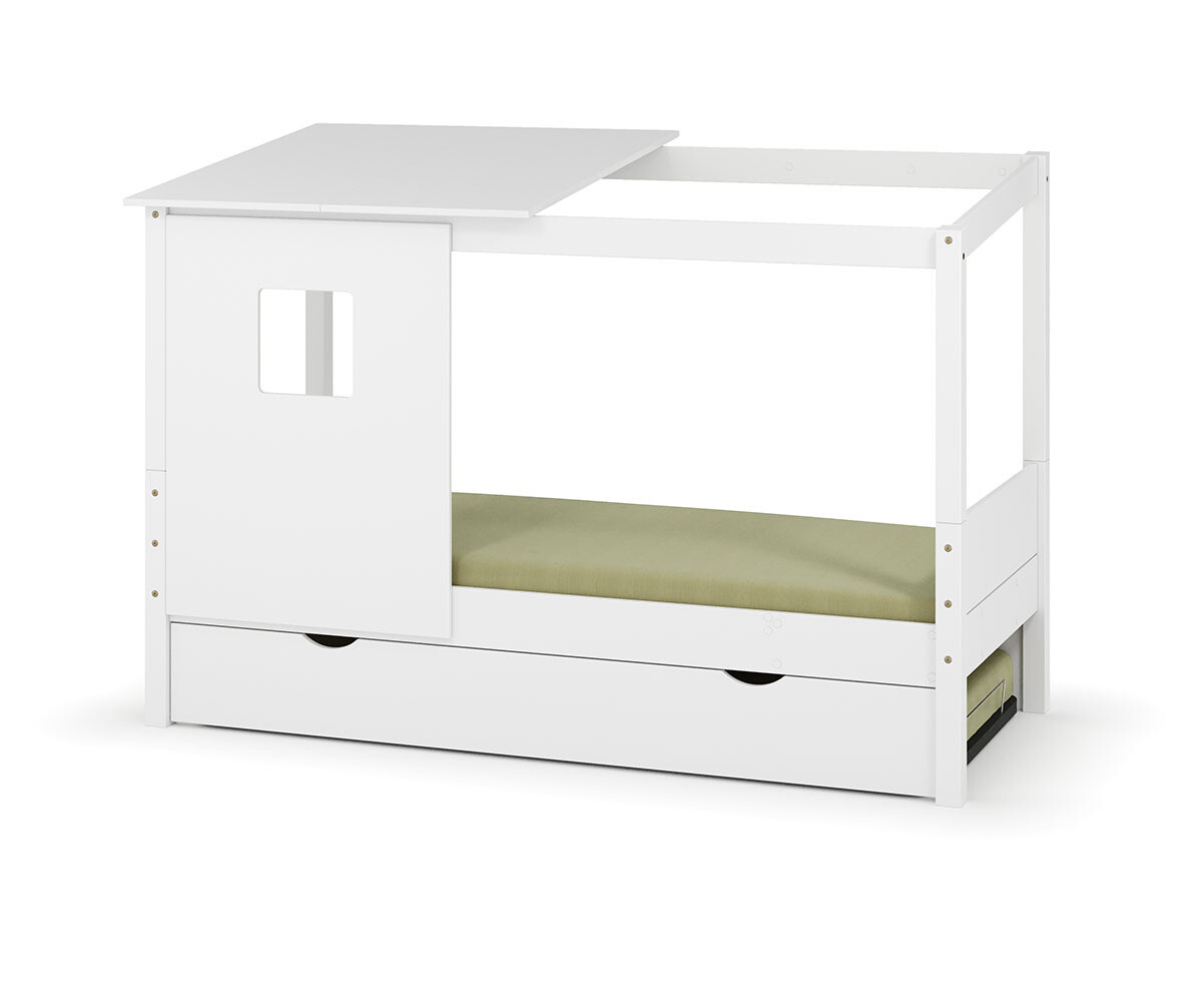 PROMO ! Lit cabane gigogne enfant et matelas Combeebed Blanc 90x200 cm Sans caches sommier Avec toit et porte Sans barrière Matelas Norway 13 cm