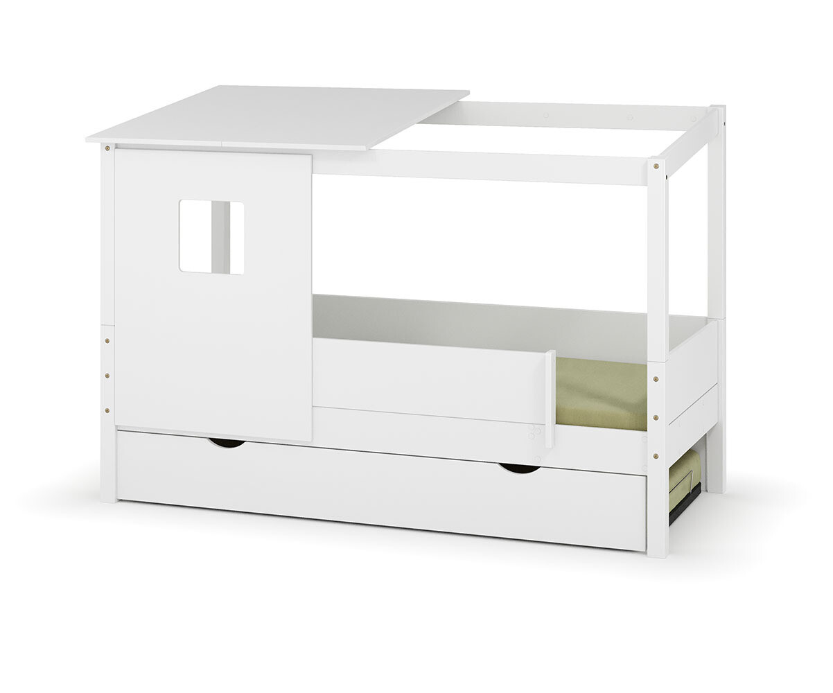 PROMO ! Lit cabane gigogne enfant et matelas Combeebed Blanc 90x200 cm Sans caches sommier Avec toit et porte 2 barrières Matelas Airfresh 15 cm