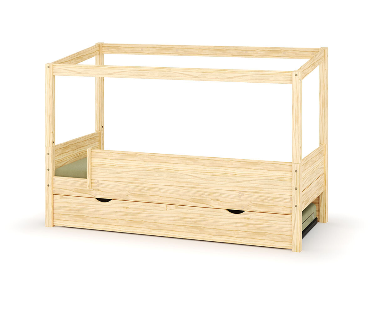 Lit cabane gigogne enfant et matelas Combeebed Bois naturel 90x200 cm Sans caches sommier Sans toit et porte 1 barrière Matelas Airfresh 15 cm
