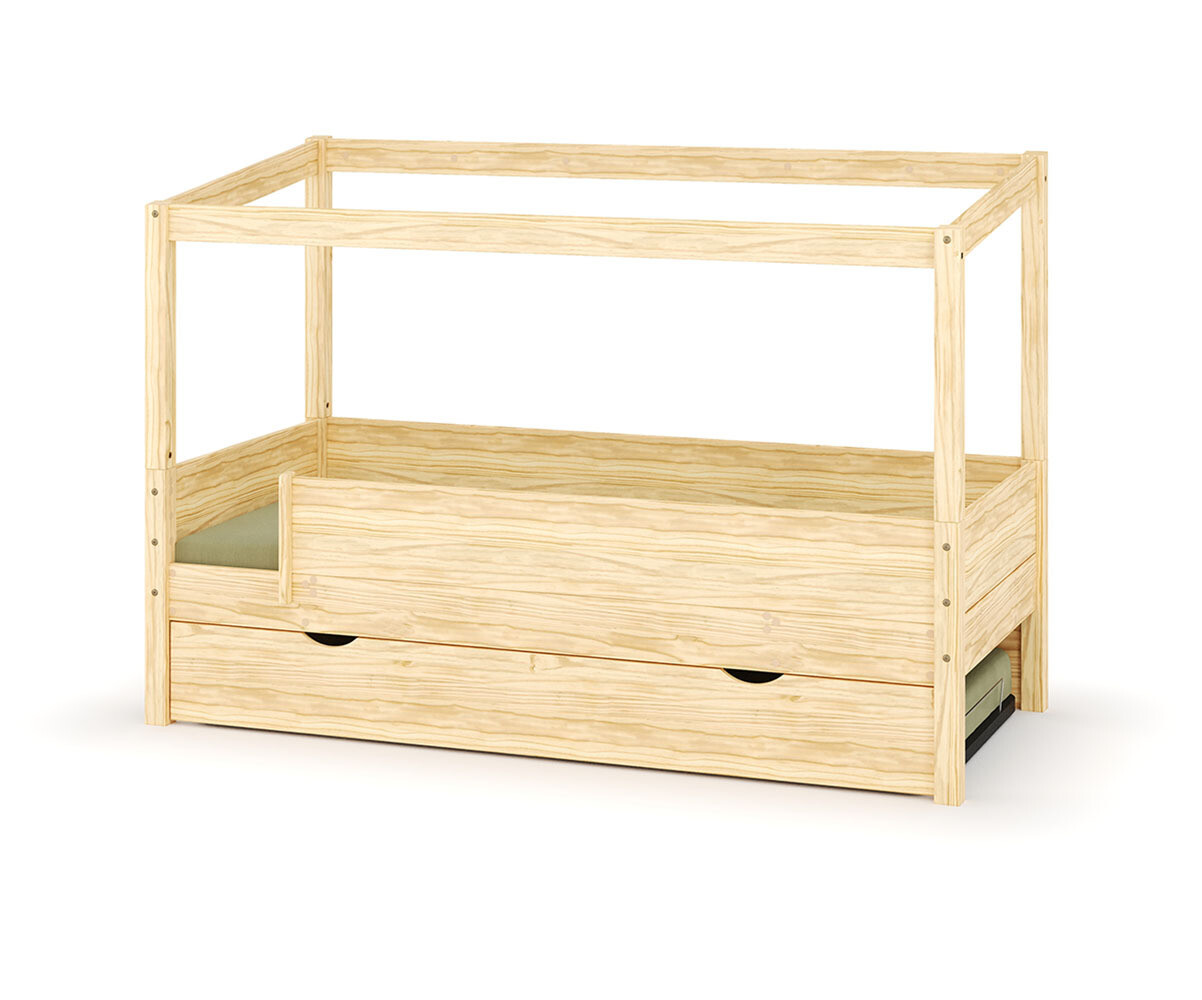 Lit cabane gigogne enfant et matelas Combeebed Bois naturel 90x200 cm Sans caches sommier Sans toit et porte 2 barrières Matelas Airfresh 15 cm