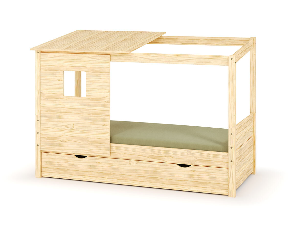 Lit cabane gigogne enfant et matelas Combeebed Bois naturel 90x200 cm Avec caches sommier Avec toit et porte Sans barrière Matelas Airfresh 15 cm